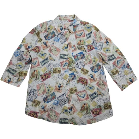 Chico's Tops - Chico's No Iron Linen Button Up Blouse Novelty Travel Stamp Print Birds Size 0 S
